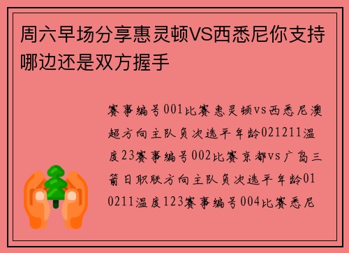 周六早场分享惠灵顿VS西悉尼你支持哪边还是双方握手
